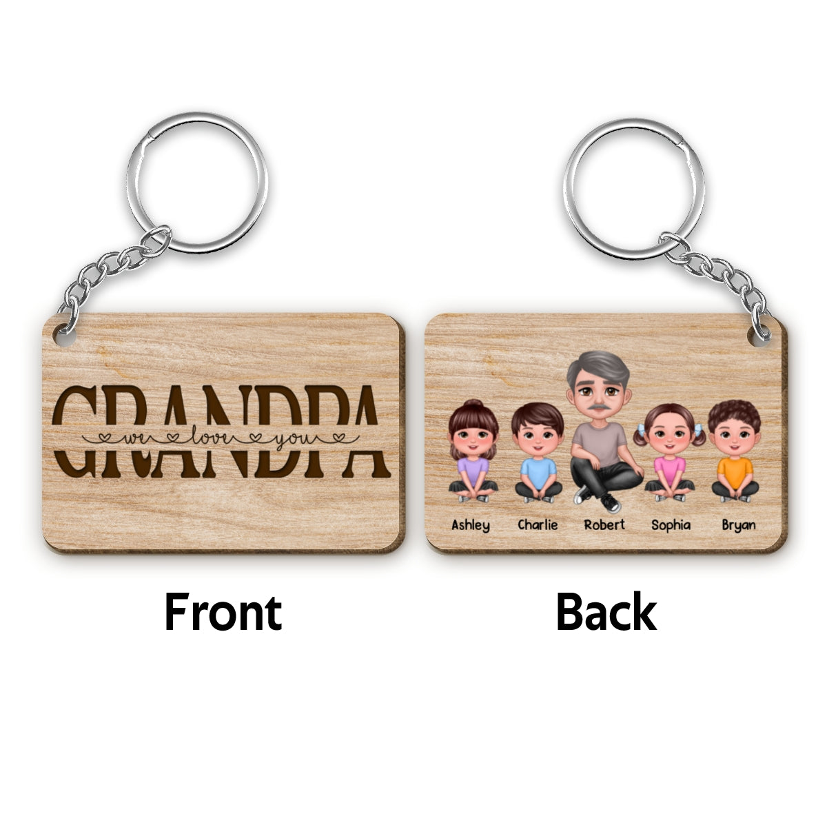 Best Grandpa Ever Doll Sitting Man & Kids Dog Cat Personalized Wooden Keychain