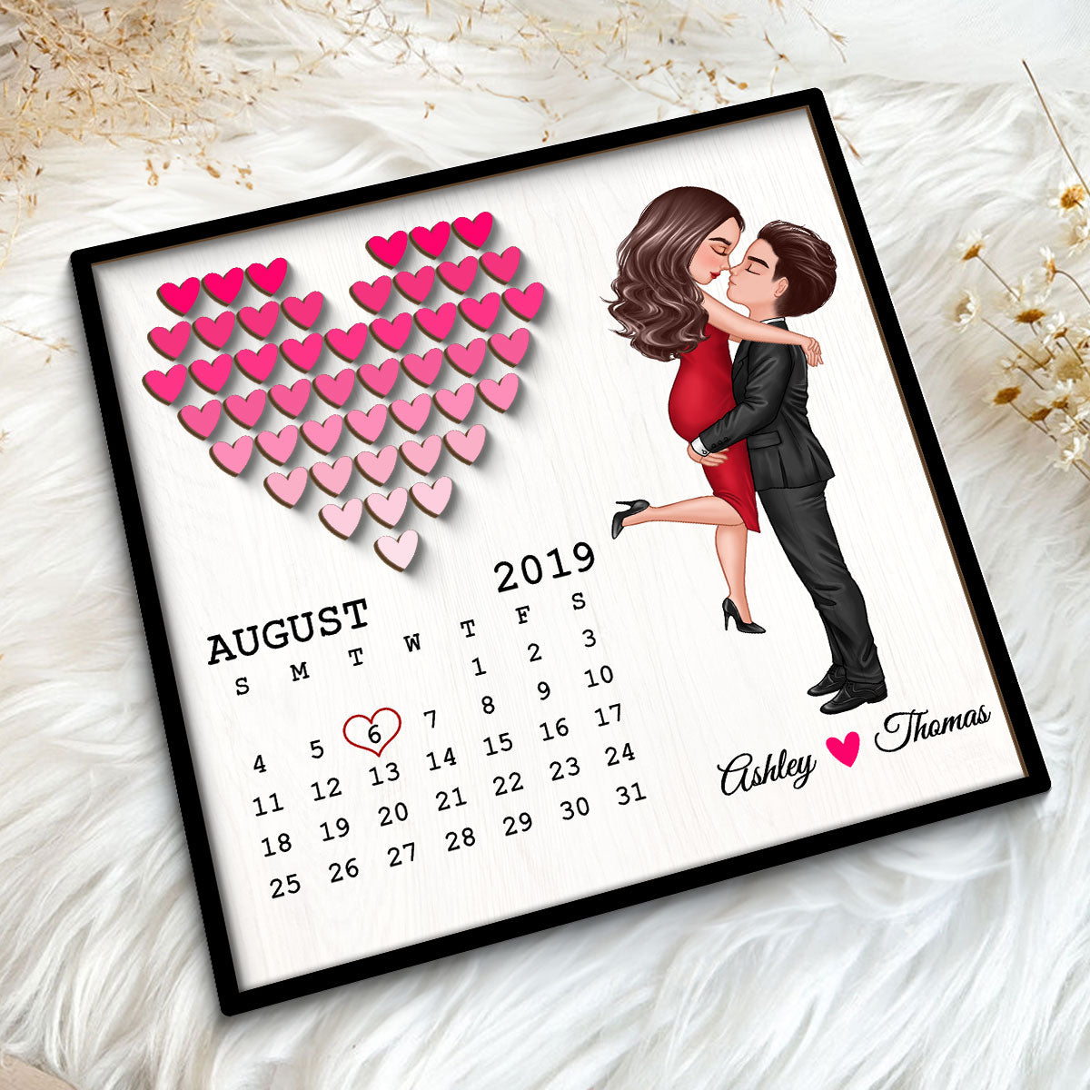 Doll Couple Hugging Kissing Calendar Anniversary Date Gift For Him Gift For Her Hearts Personalized 2-Layer Wooden Plaque