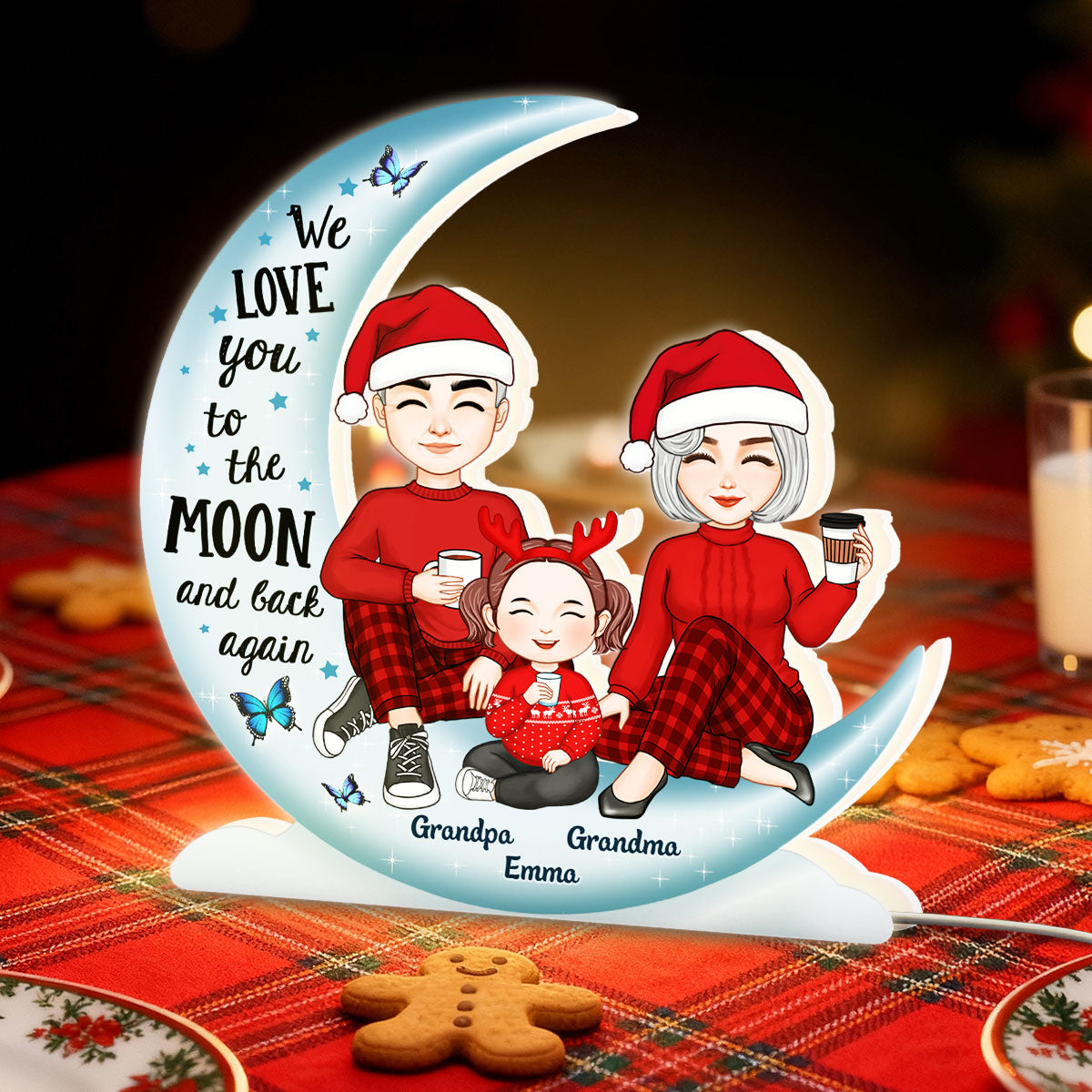 Cute Grandma Grandpa Grandparents & Grandkid On Moon - Personalized Light Box