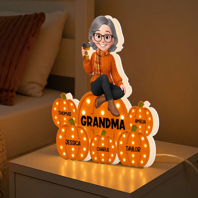 Fall Season Grandma Sitting On Marquee Pattern Texture Pumpkins Personalized LED Light Box, Cozy Grandma's Home Decoration