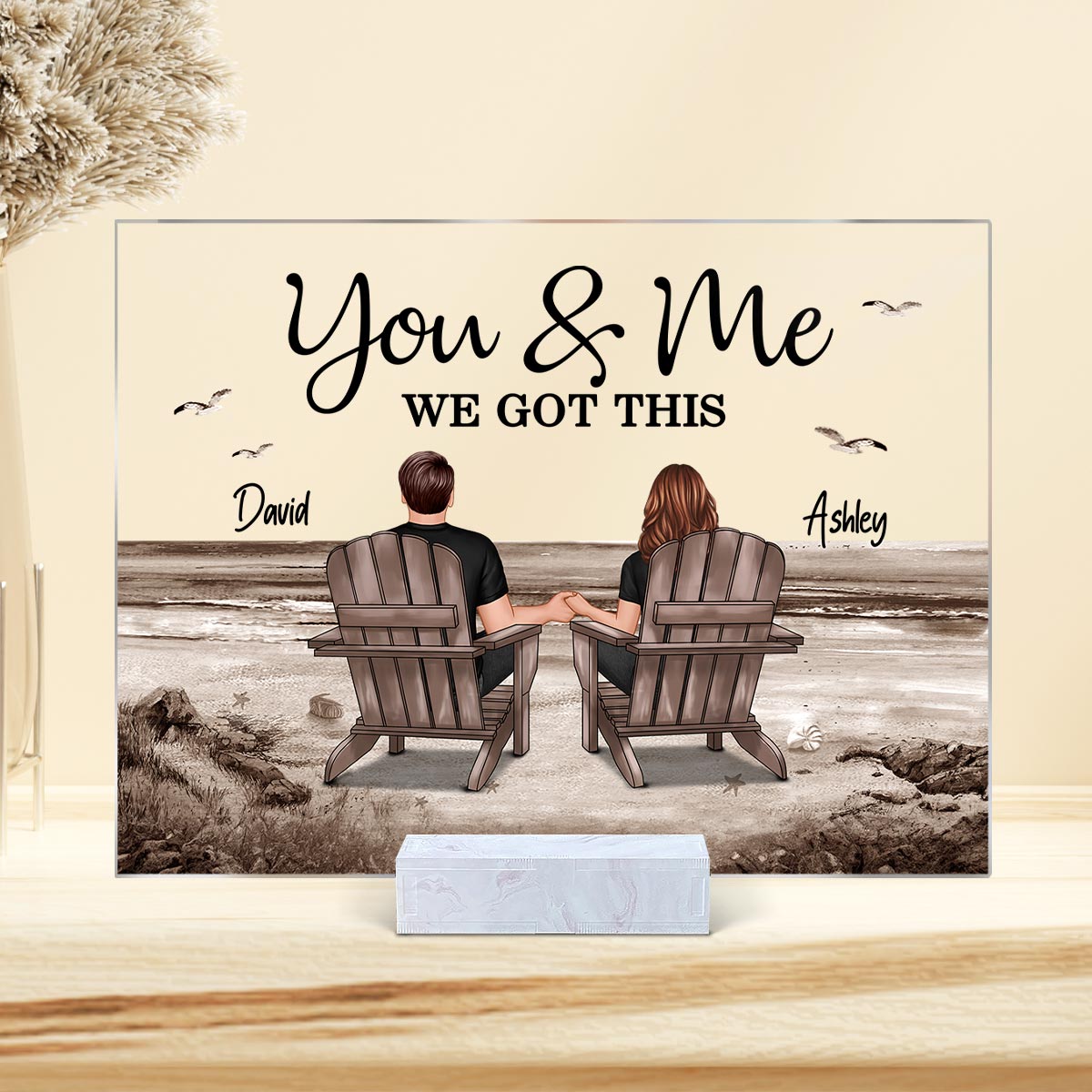 Retro Vintage Back View Couple Sitting Beach Landscape Personalized Acrylic Plaque