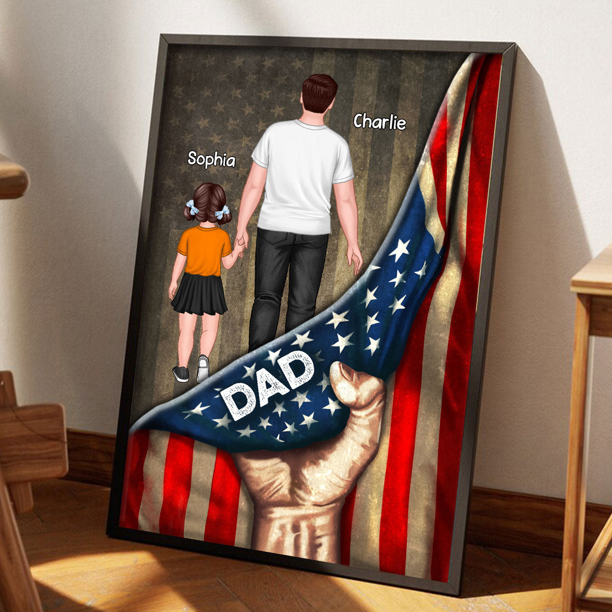 Dad Papa Grandpa Kids Walking Hand Pulling American Flag Personalized Poster, Meaningful Father's Day Gift for Dad, Gift for Husband