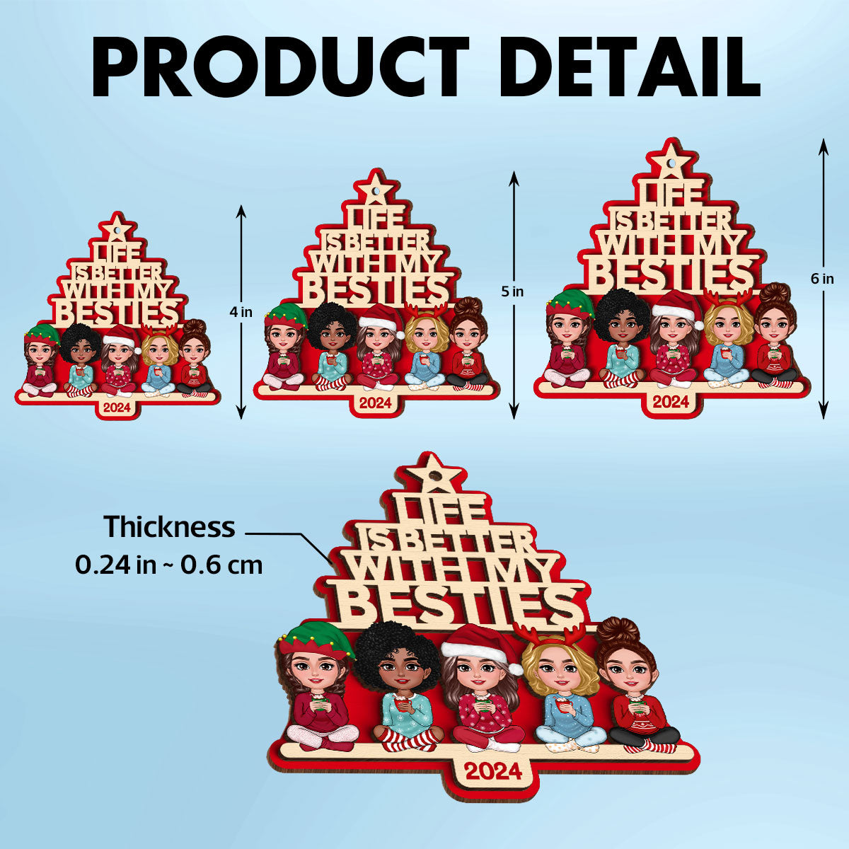 Besties Sitting Pink Christmas Tree Text Personalized 2-Layer Wooden Ornament