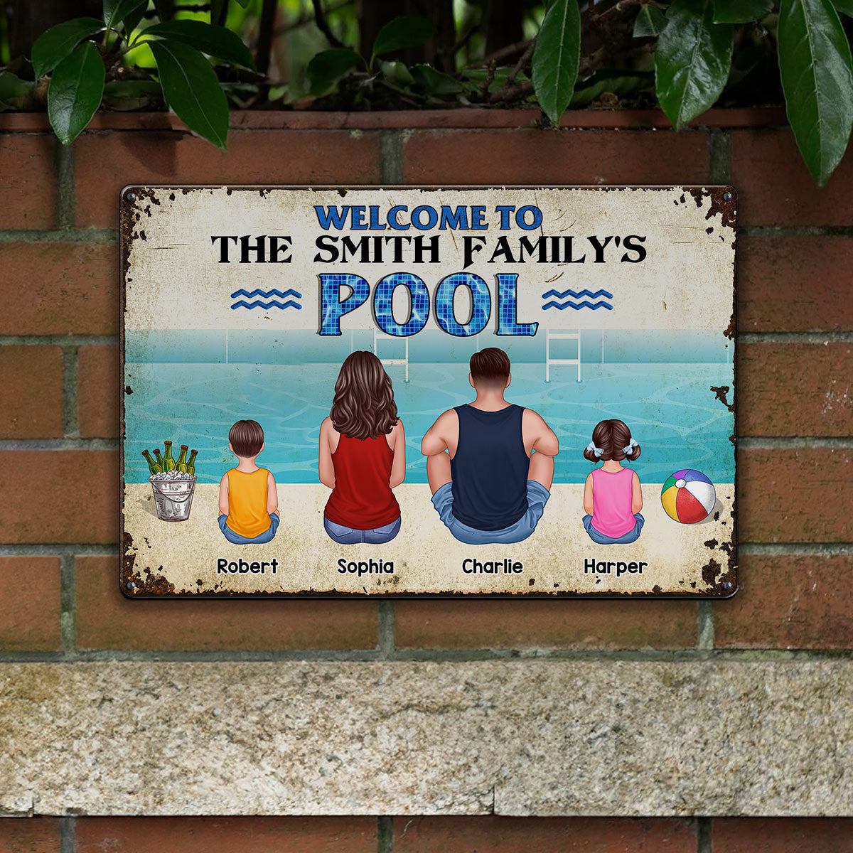 Welcome To Family Poolside Back View Personalized Metal Sign