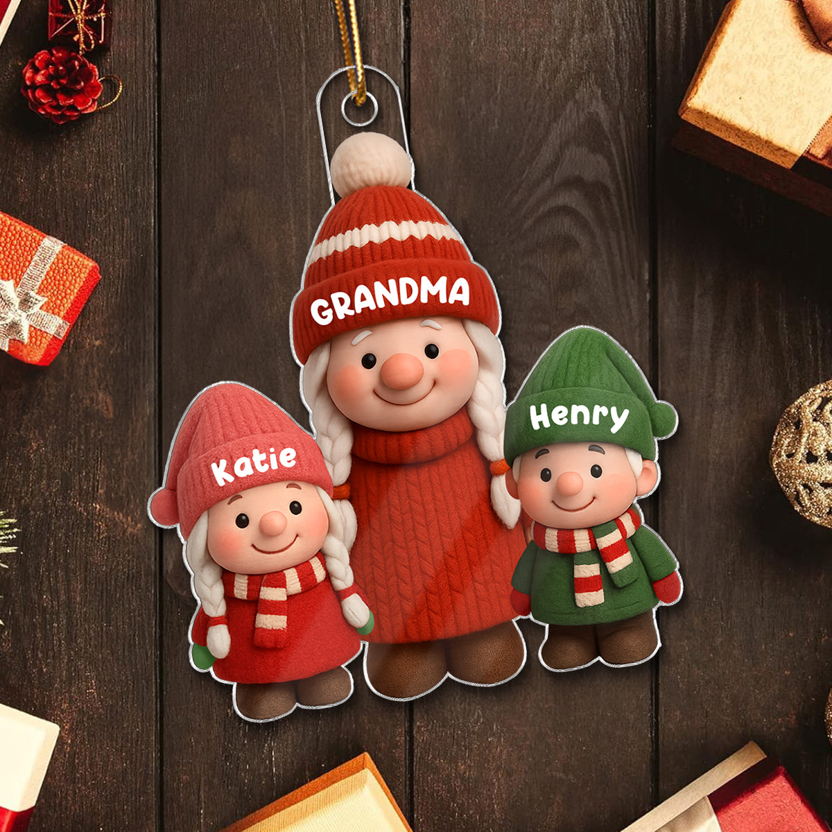 3D Effect Cute Gnome Grandma And Grandkids - Personalized Acrylic Ornament