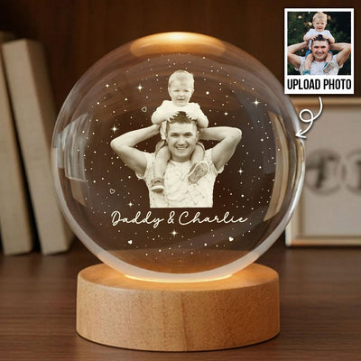 Dad And Kid Custom Upload Photo - Personalized Crystal Ball LED Night Light - Father's Day Gift For Dad