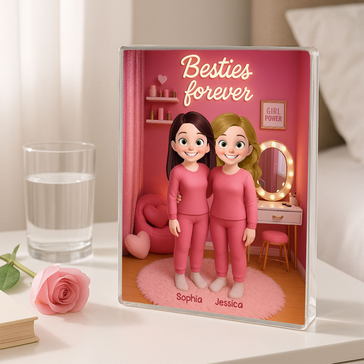 3D Effect Besties Pink Tone Dream Dollhouse Personalized Flat Rectangle Acrylic Block Plaque