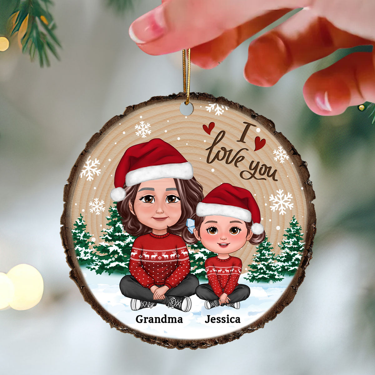 Grandma Mom Kids Sitting In Snow Wood Slice Personalized Wooden Ornament