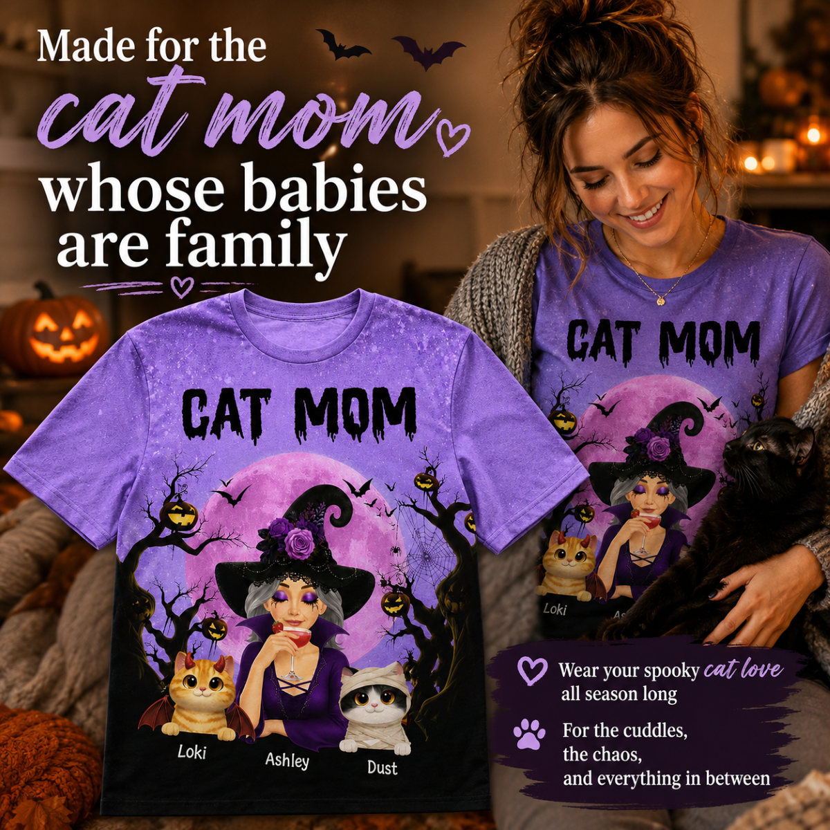 Halloween Theme Spooky Cat Mom Witch - Personalized Shirt - Halloween Gift For Cat Lovers