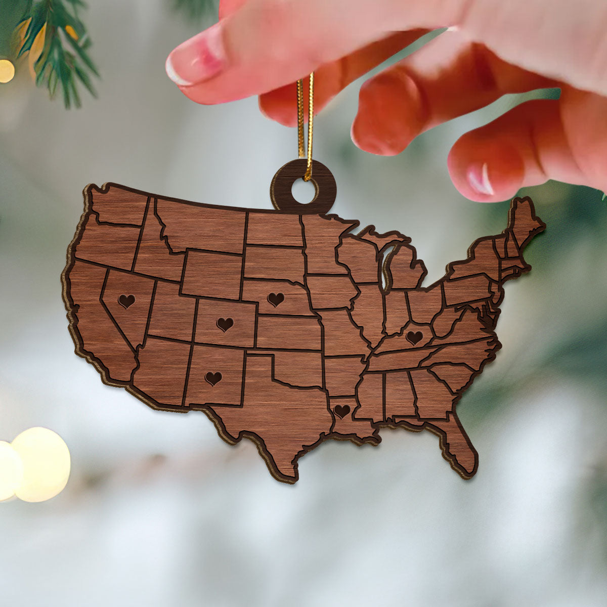 Family Close At Heart State USA Map Personalized Wooden Ornament