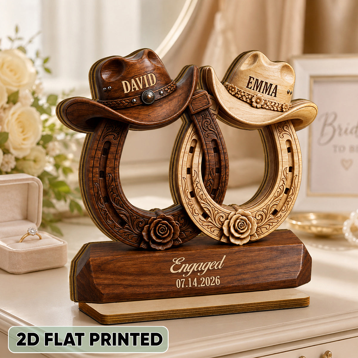 Couple Cowboy Hat Horseshoe - Personalized 2-Layered Wooden Plaque - Wedding, Anniversary Gift for Her, for Him