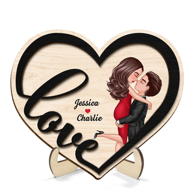 Couple Love Heart Hugging Kissing Personalized 2-layer Wooden Plaque