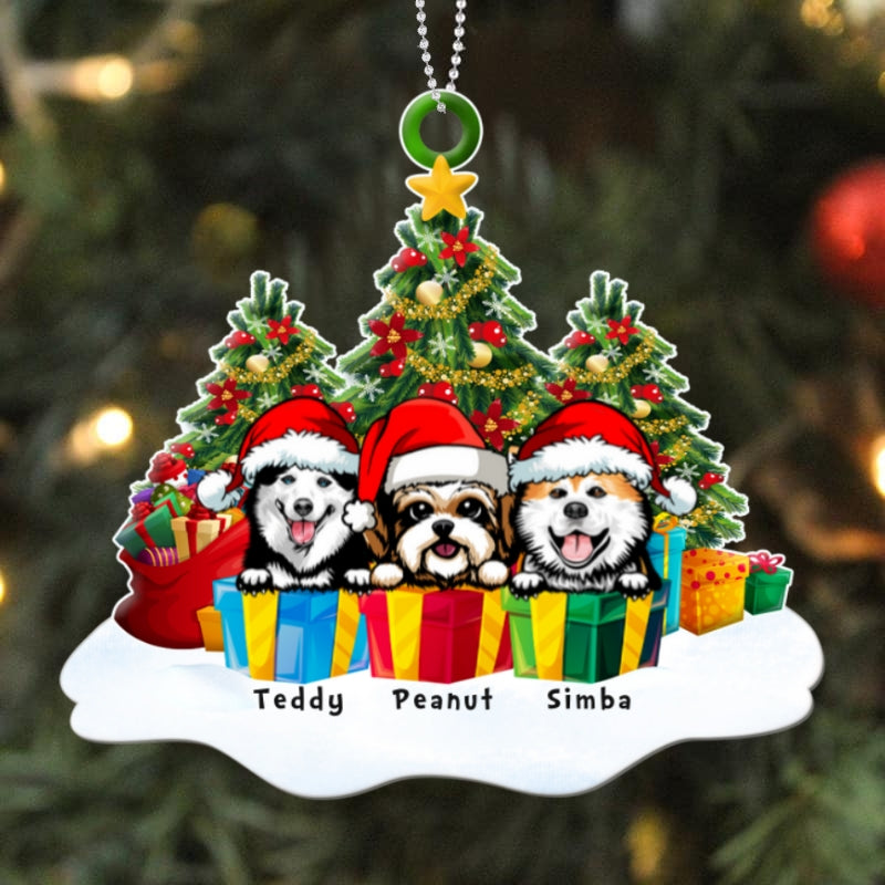 Peeking Dogs On Snow Christmas Tree Personalized Acrylic Ornament