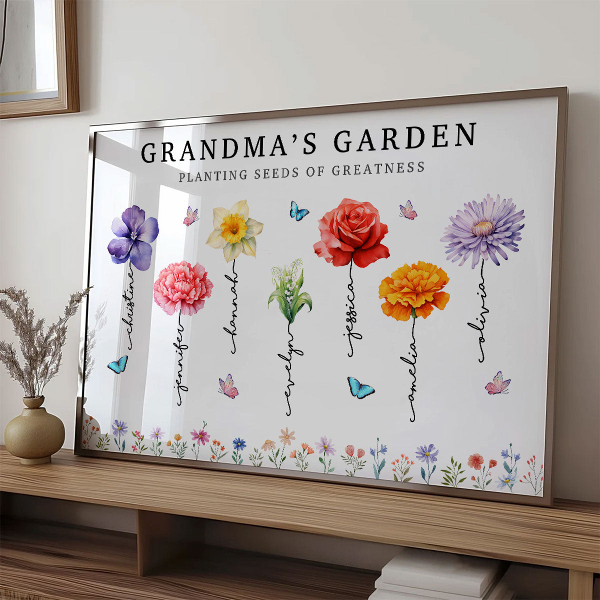 Grandma's Garden Planting Seeds Of Greatness, Birth Month Flower Personalized Poster, Christmas Gift For Grandma