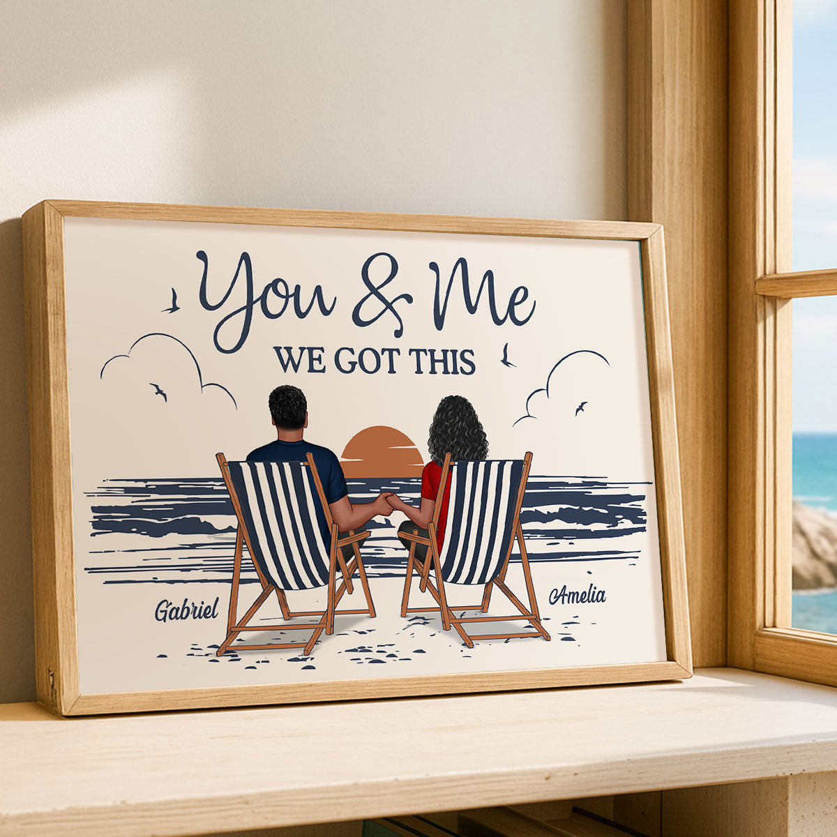 Couple At Beach Aesthetic Beach Retro Blue Theme Personalized Poster, Gift For Him, For Her