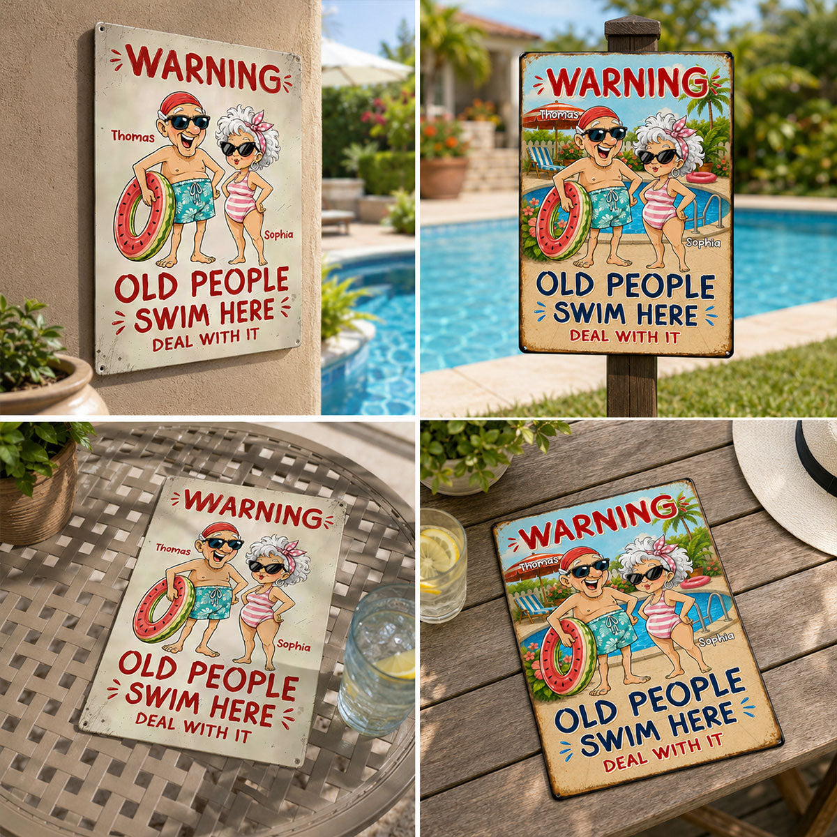 Warning Old People Swim Here Deal With It - Personalized Pool Metal Sign - Funny Vintage Rustic Wall Decor for Pool, Patio