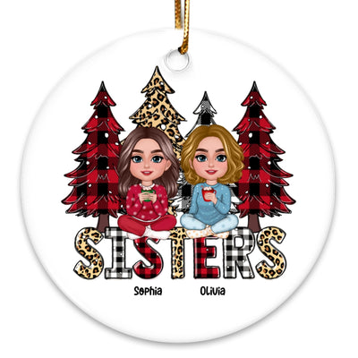 Leopard Checkered Pattern Christmas Tree Besties Sisters Personalized Circle Ornament