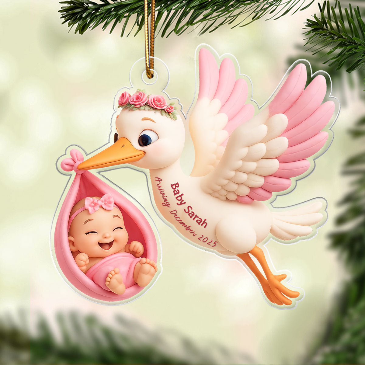 3D Effect Cute Stork And Baby Personalized Acrylic Ornament, Heartfelt First Gift for Pregnant Mom