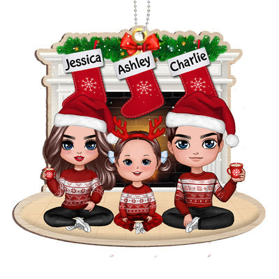 Doll Family Sitting At Fireplace Personalized Wooden Ornament