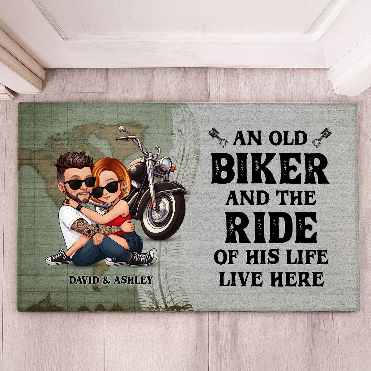 An Old Biker and the Ride of His Life Live Here Personalized Doormat, Custom Motorcycle Gift for Couples