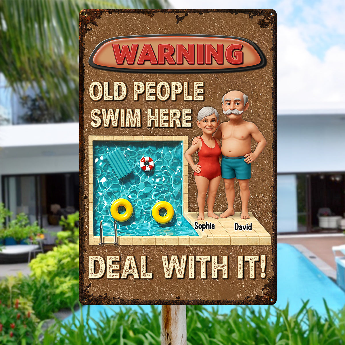 3D Effect Warning Old People Swim Here Funny Summer Decor Personalized Metal Sign