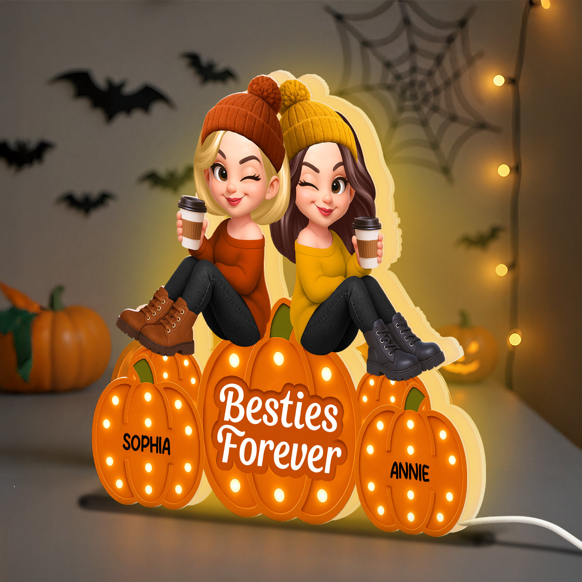 Fall Season Besties Sitting On Marquee Pattern Texture Pumpkins Personalized LED Light Box, Fall Gift For Best Friends