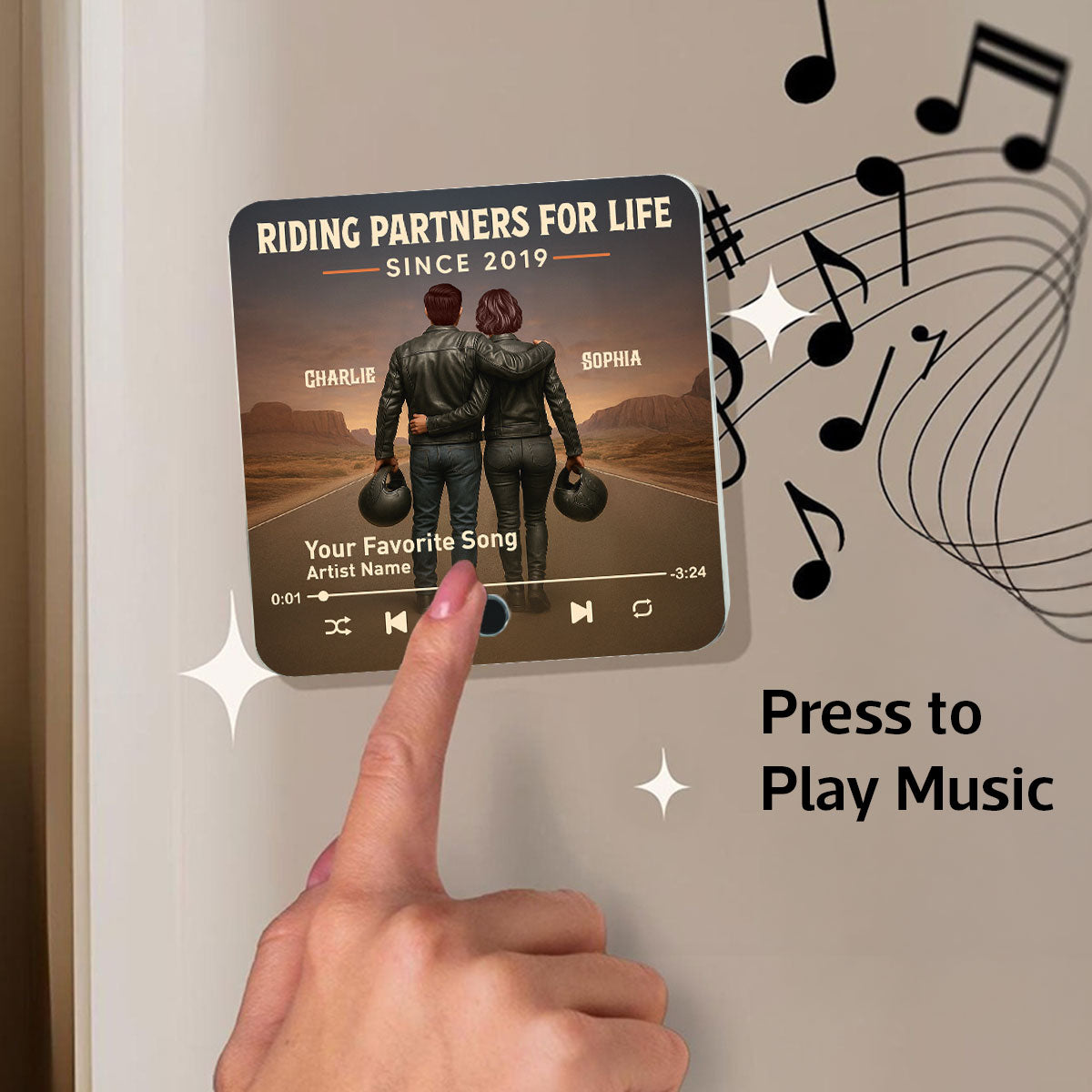 3D Effect Custom Figure Couple Bikers Riding Partners For Life Personalized Music Fridge Magnet