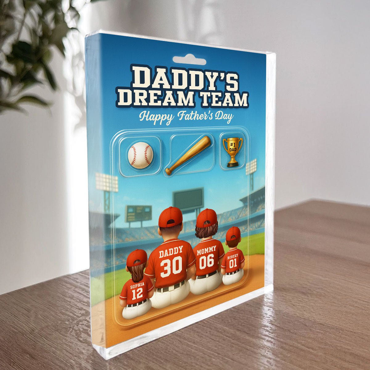 3D Effect Custom Figure Baseball Family Daddy's Dream Team Personalized Flat Acrylic Block Plaque, Unique Father's Day Gift For Dad, Husband