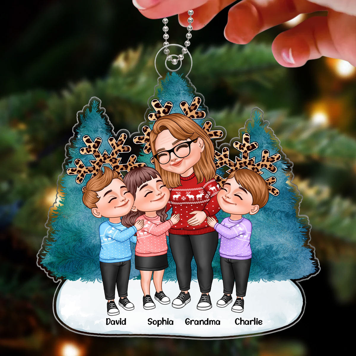 Cartoon Grandma & Grandkids Hugging Blue Christmas Tree Leopard Snowflakes Personalized Acrylic Ornament