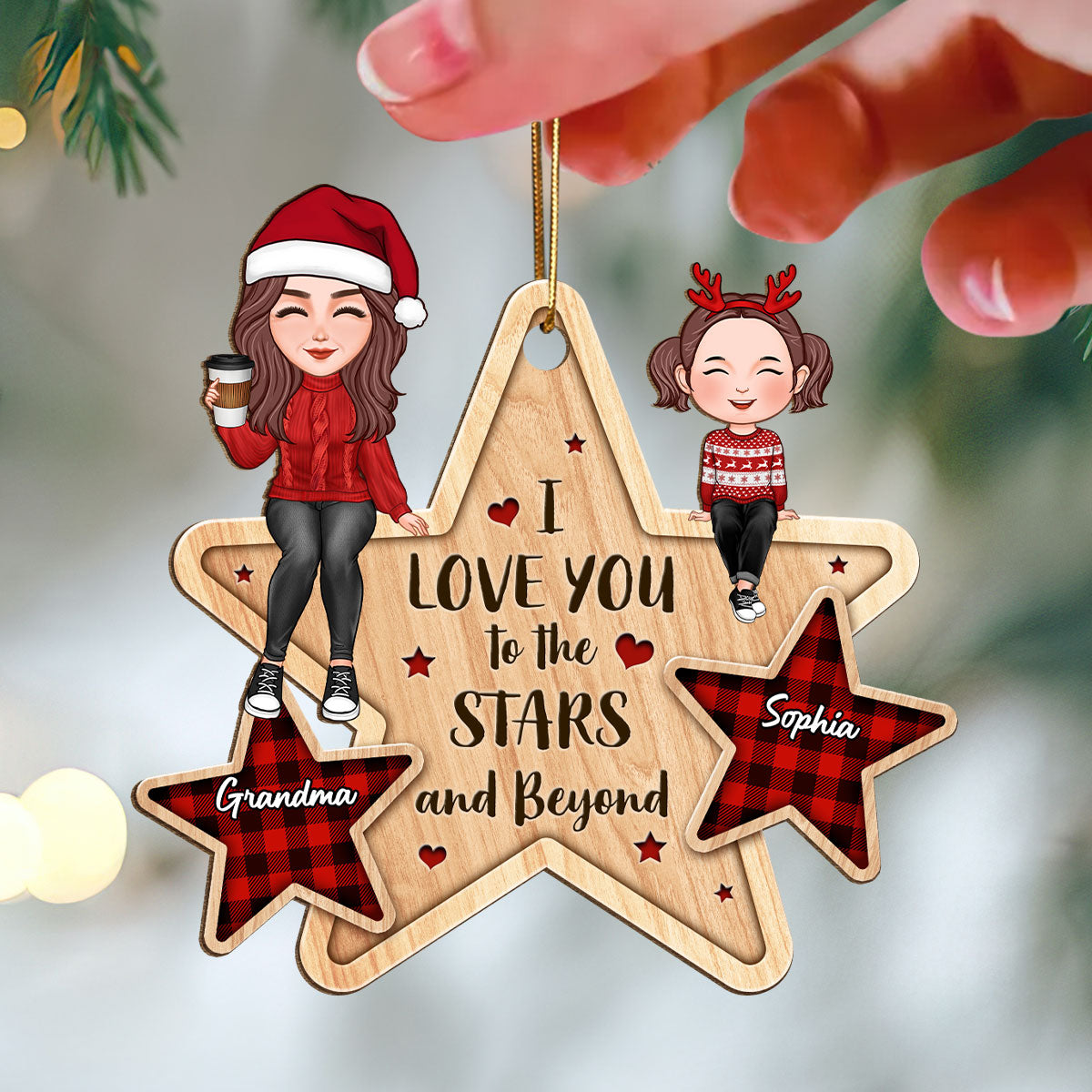 Love You To The Stars & Beyond Cute Grandma Grandkid Sitting Personalized Wooden Ornament