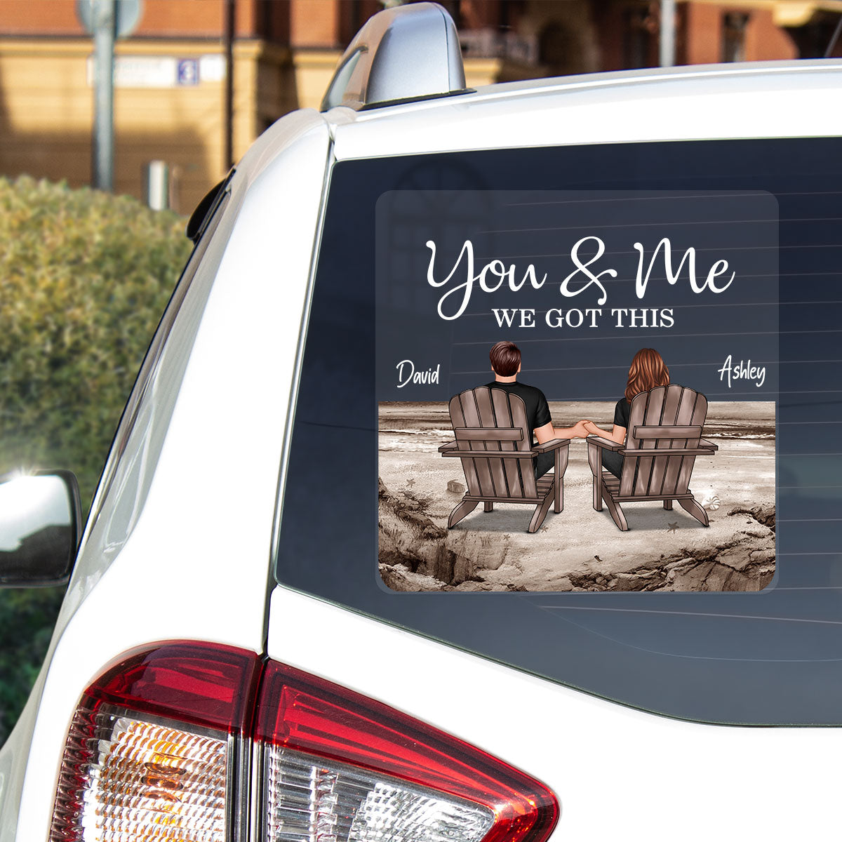 Back View Couple Sitting Beach Landscape Personalized Decal