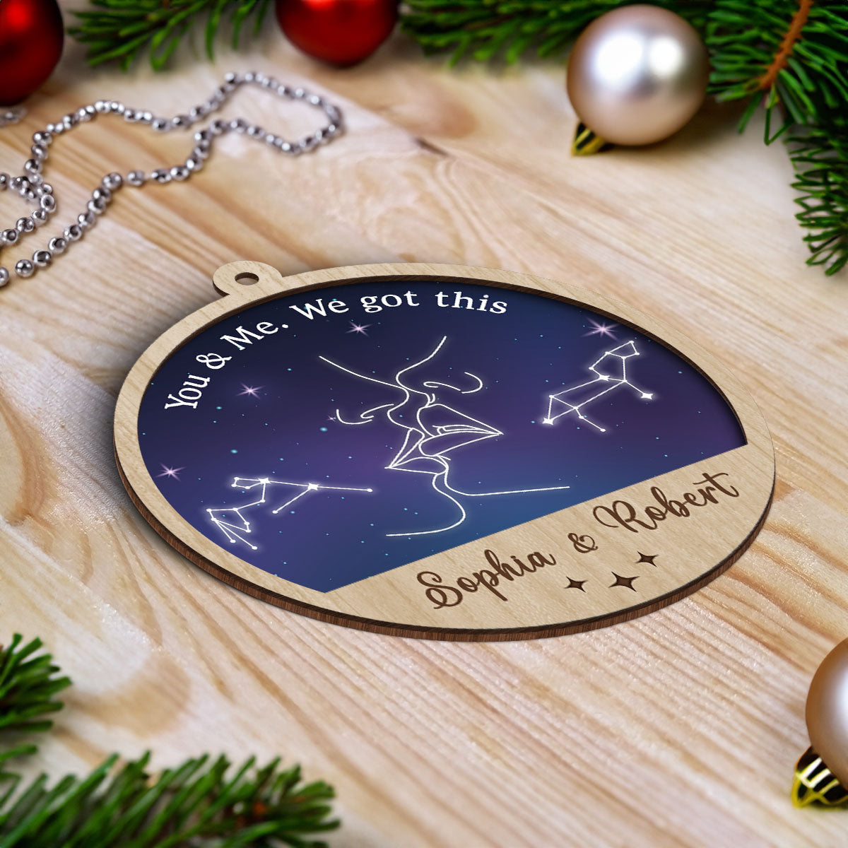 Couple Kissing Outline Zodiac Galaxy Sky Personalized 2-Layer Wooden Ornament