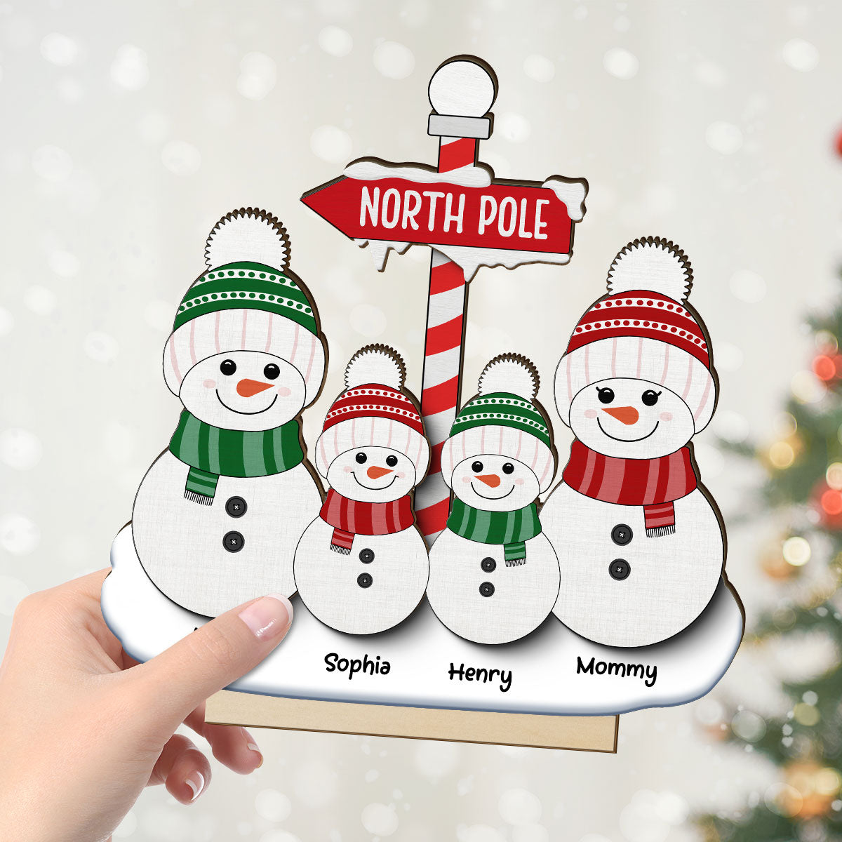 North Pole Snowman Family Christmas Personalized 2-Layer Standing Wooden Plaque