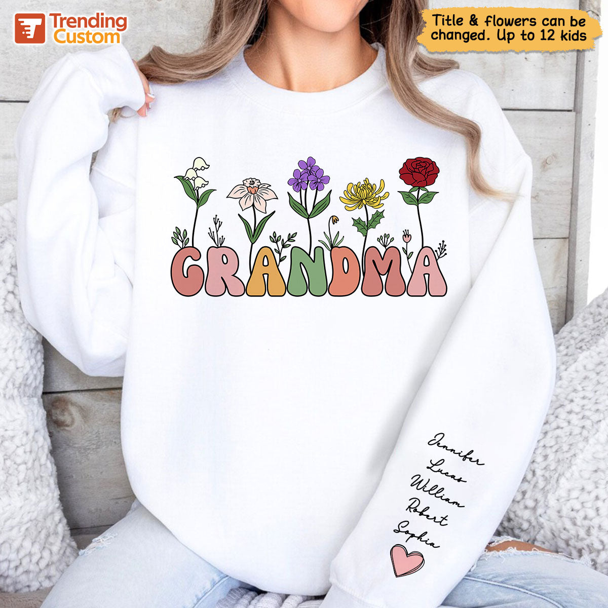 Grandma Retro Birth Month Flower Gift Personalized Sleeve Printed Sweatshirt