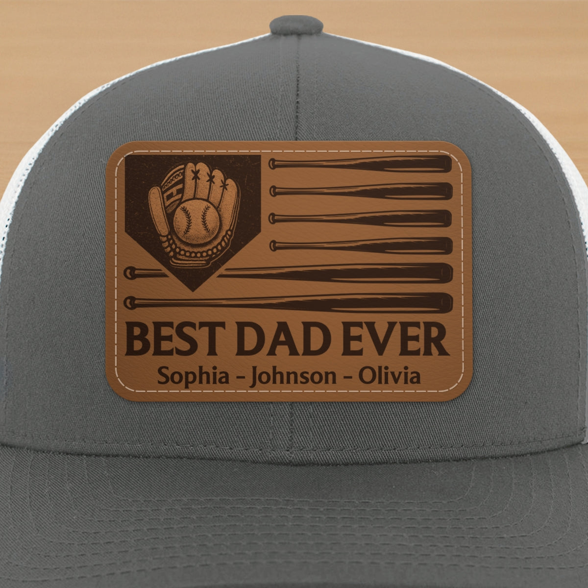 Dad's Home Run Best Dad Ever Baseball Themed Personalized Leather Patch Hat
