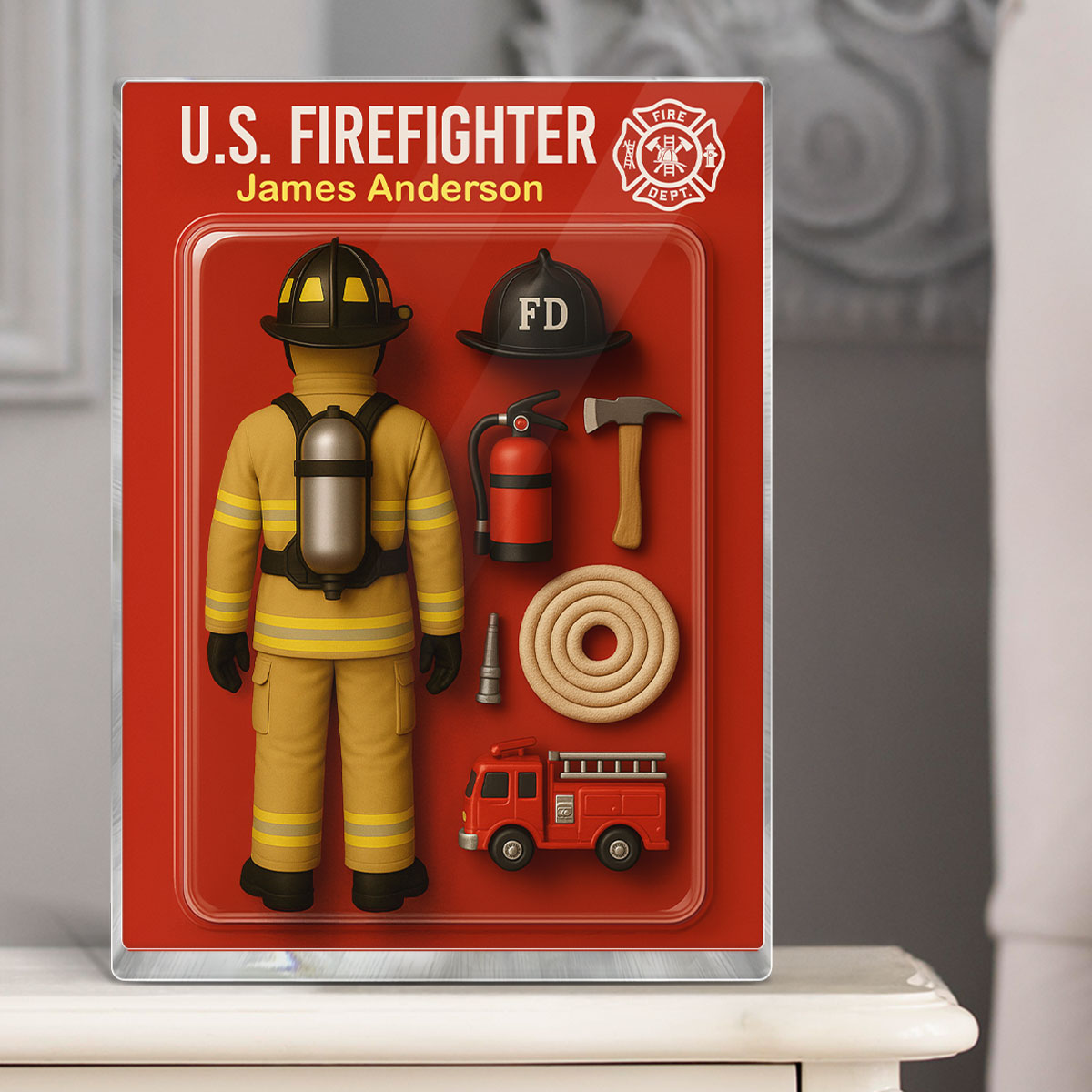 3D Effect Back View Firefighter Custom Figure Personalized Flat Rectangle Acrylic Block