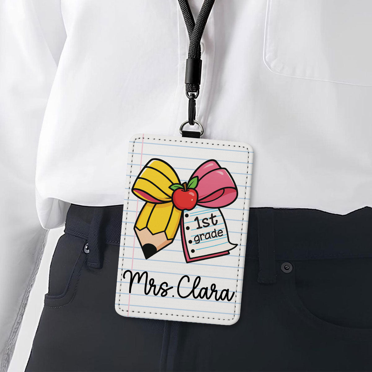 Pencil Coquette Bow Teacher Name Personalized ID Badge Holder, Back To School Gift