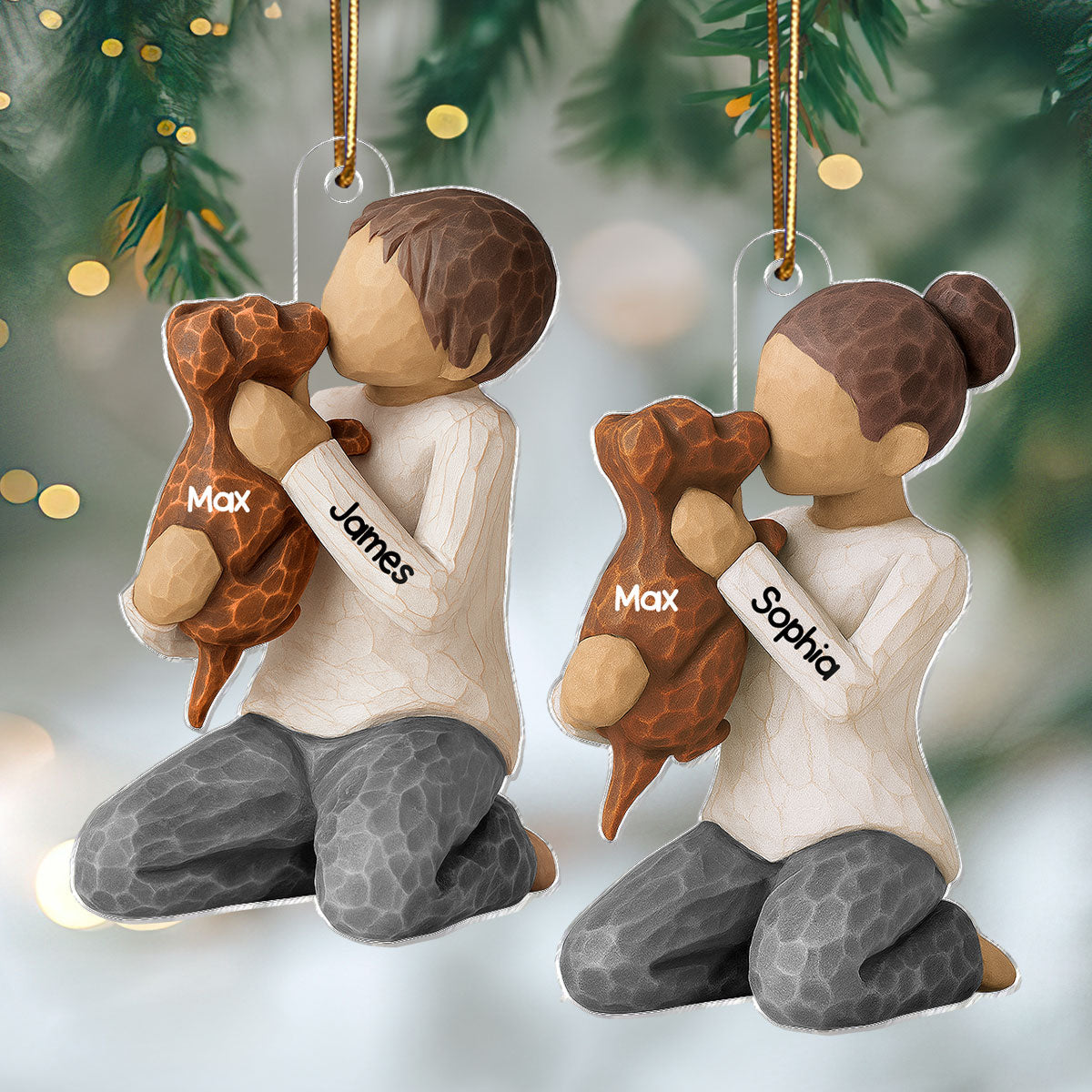 3D Effect Boy Girl Hugging Dog - Personalized Wooden Ornament - Christmas Gift For Dog Lovers