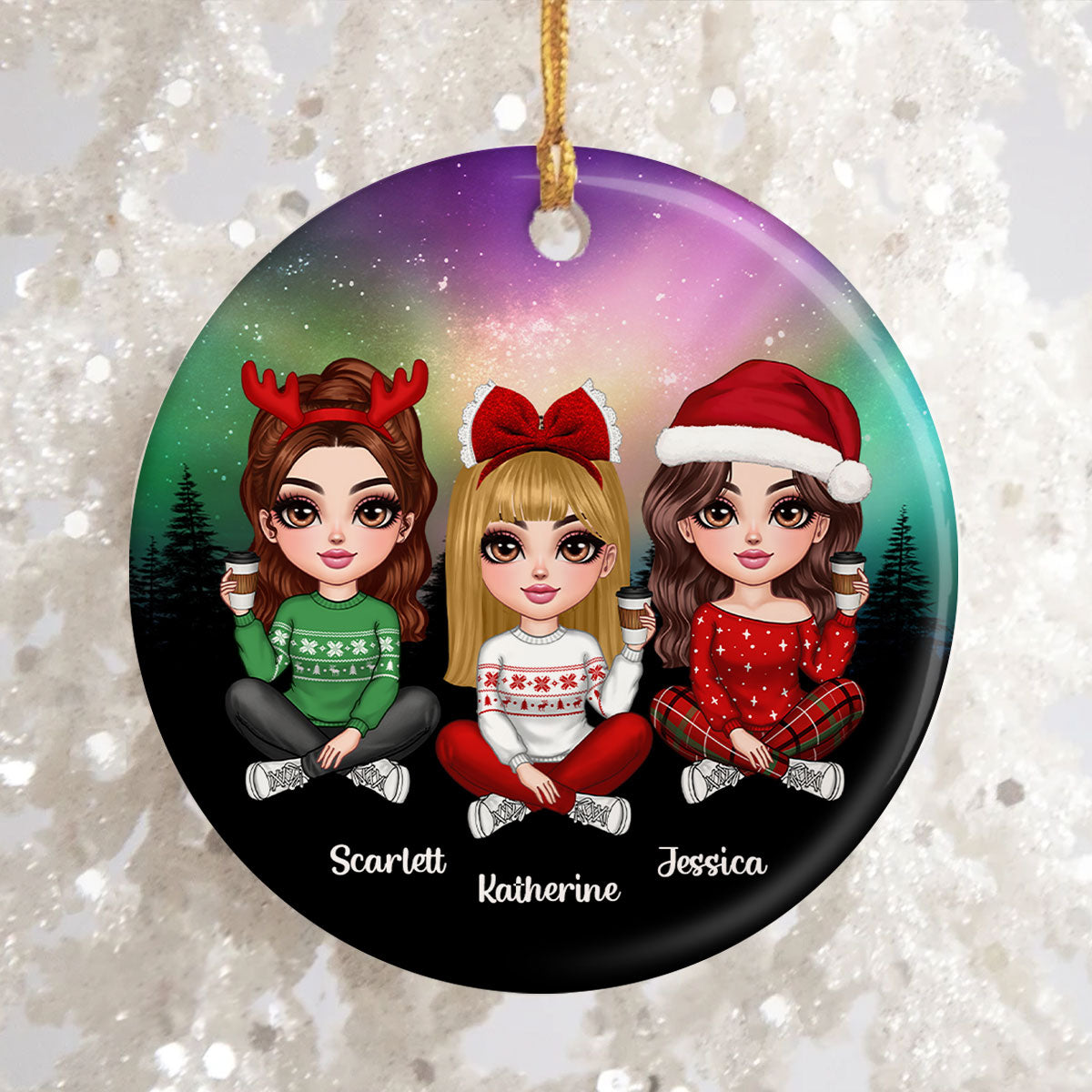 Realistic Winter Scene Besties Sisters Personalized Ceramic Ornament, Christmas Gift for Besties, Sisters, Friends