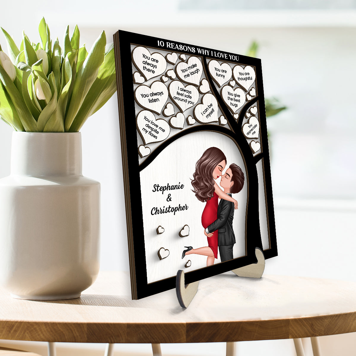 Reasons I Love You Couple Under Tree Hearts Personalized 2-layer Wooden Plaque