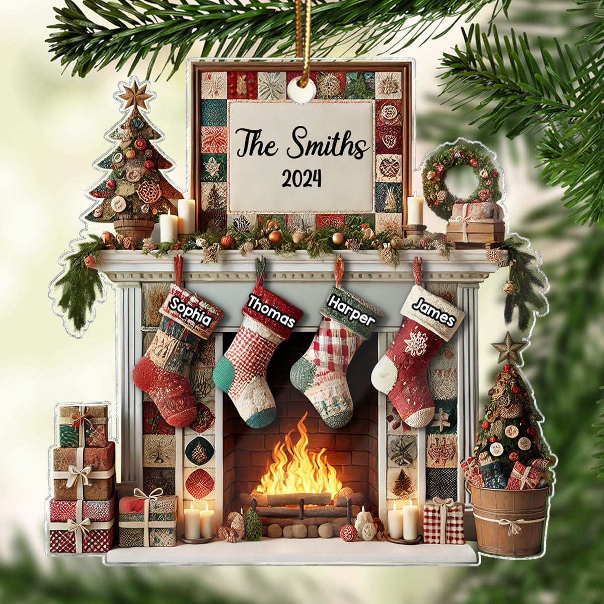 3D Effect Quilting Patchwork Fabric Patterns Fireplace Family Names Christmas Personalized Acrylic Ornament