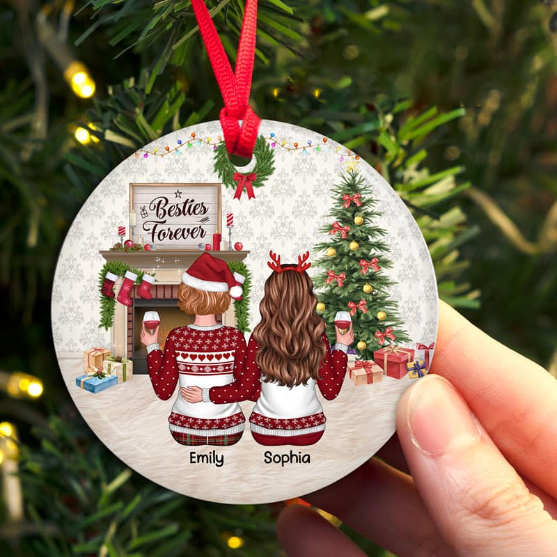 Besties Back View At Fireplace Personalized Circle Ornament