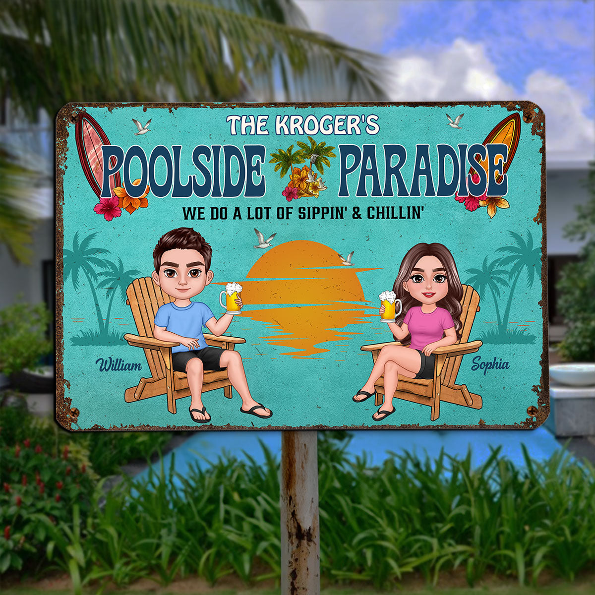 Summer Family Couple Poolside Paradise Grilling And Chilling Personalized Metal Sign