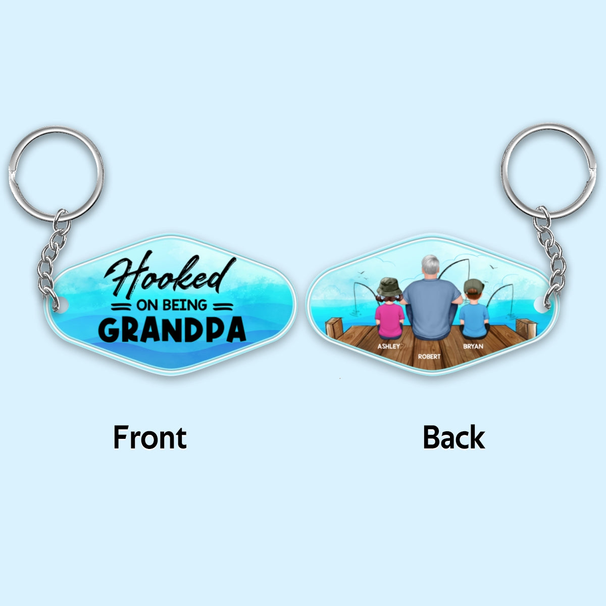Hooked On Being Grandpa Back View Man & Kids Personalized Acrylic Keychain