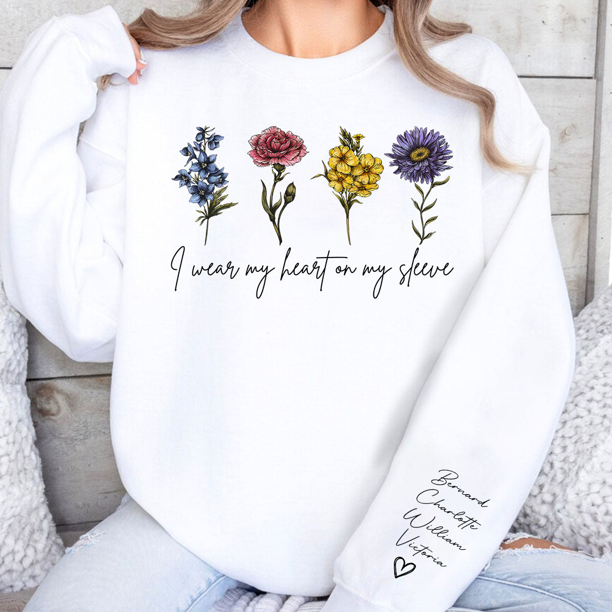 I Wear My Hearts On My Sleeve Birth Month Flower Personalized Sleeve Printed Sweatshirt