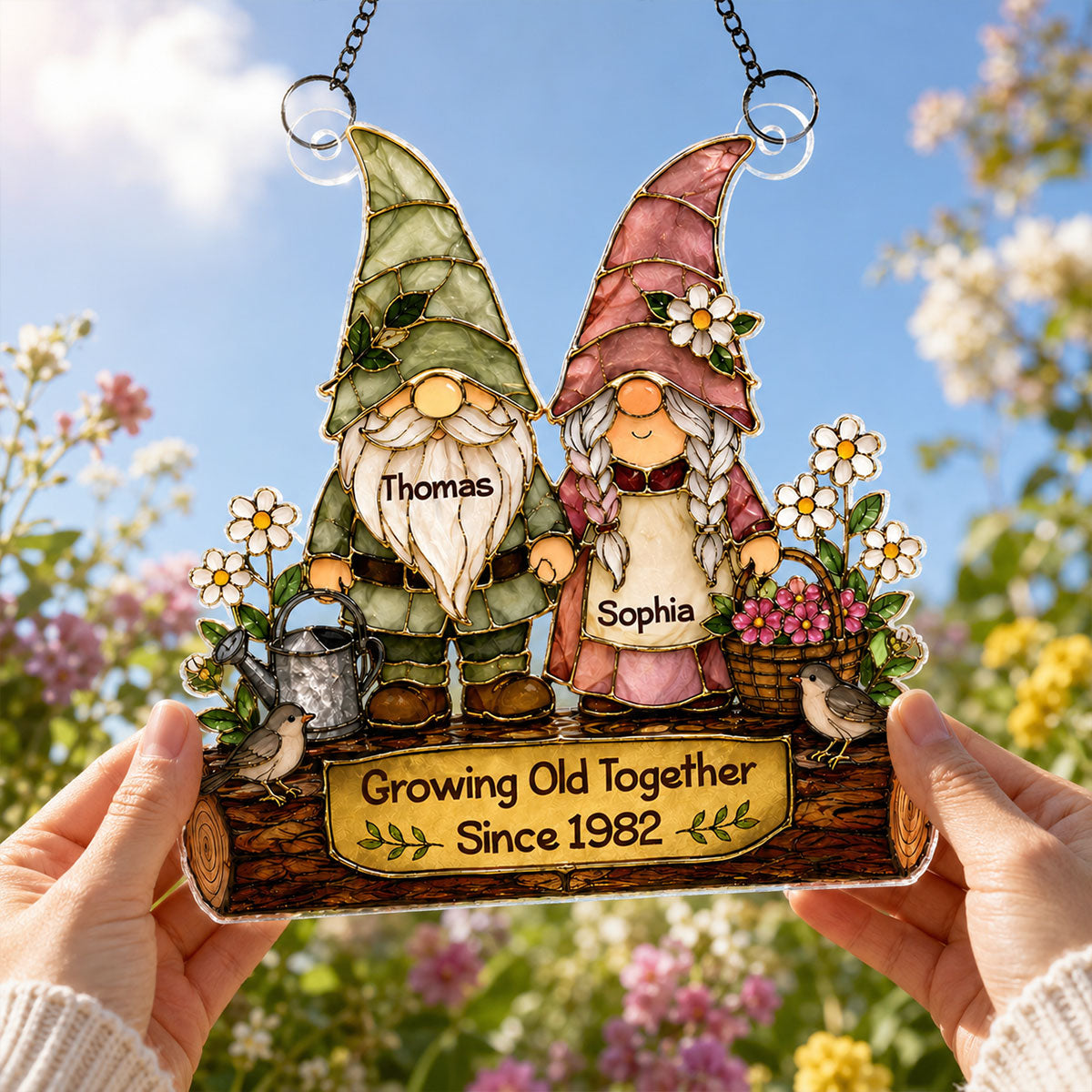 Gnome Couple Growing Old Together 2D Printed - Personalized Acrylic Window Hanger - Gift For Couples
