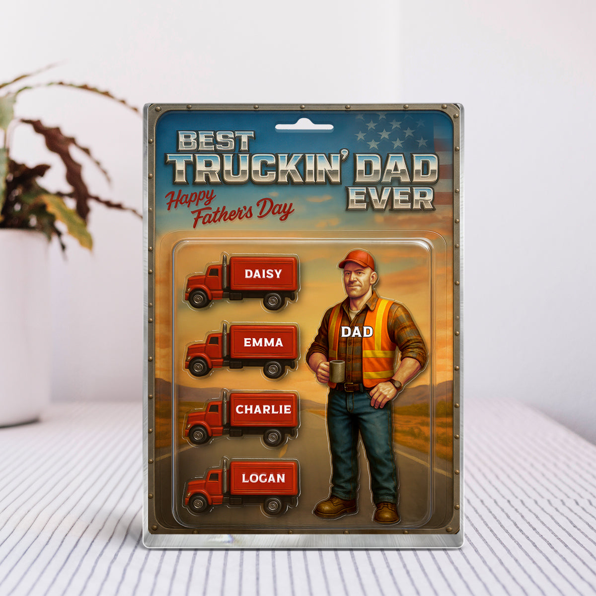 Best Truckin' Dad Ever Nation Flag Custom Action Figure Personalized Acrylic Block Plaque, Father's Day Gift for Trucker Dad