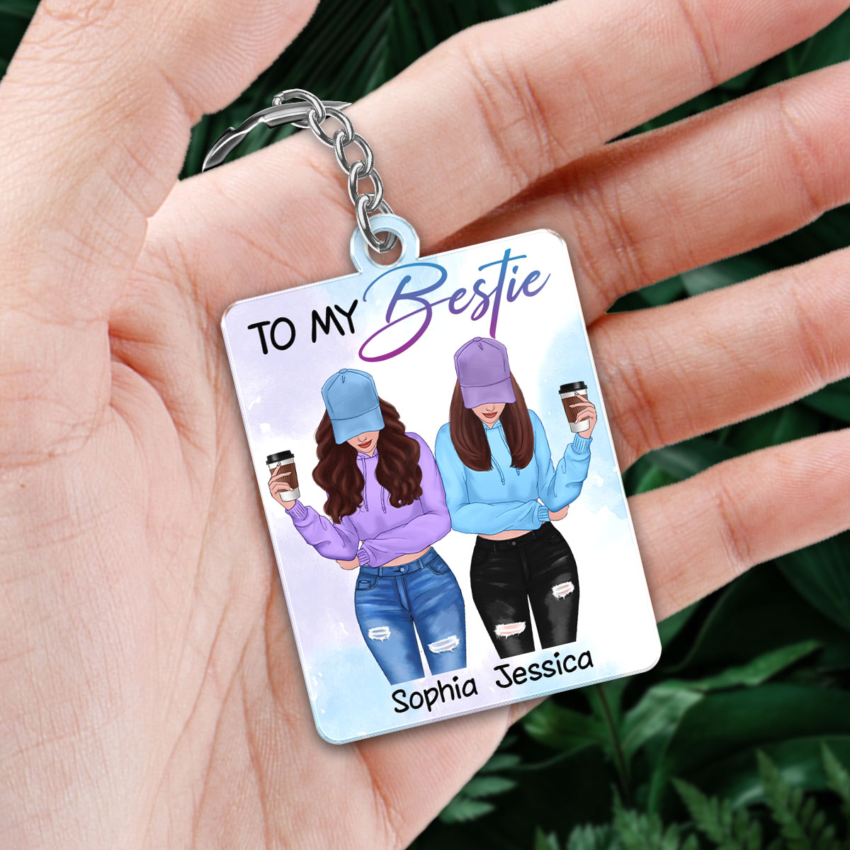 Front View Besties To My Bestie Watercolor Personalized Acrylic Keychain