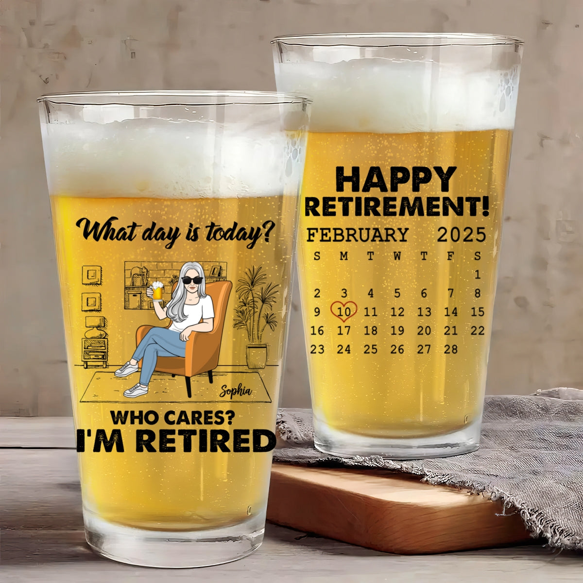 Woman Man Sitting I'm Retired You Can't Make Me Custom Calendar Personalized Beer Glass, Retirement Gift