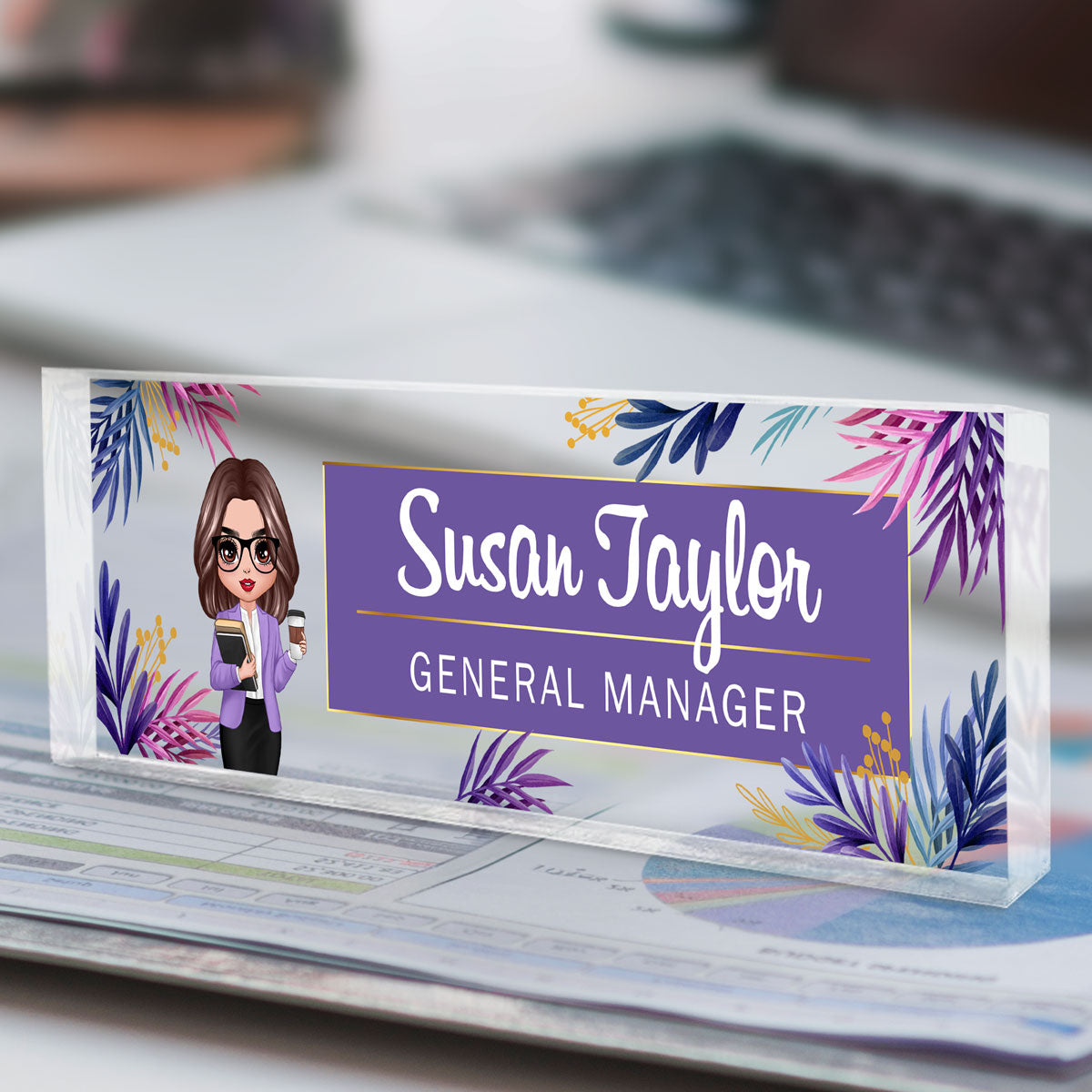 Tropical Woman Personalized Acrylic Desk Name Plate, Office Desk Decor, Gift For Colleagues, Coworkers, Boss